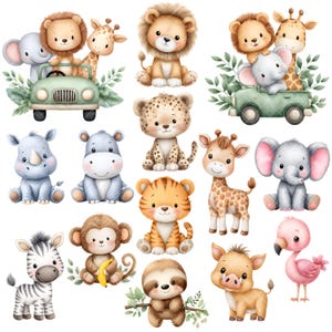 以下が含まれることがあります： 水彩画で描かれた、さまざまなサファリ動物のイラスト集。ライオン、キリン、ゾウ、サイ、カバ、チーター、トラ、サル、シマウマ、ナマケモノ、イボイノシシ、フラミンゴが含まれています。一部の動物は緑色のジープに乗っています。