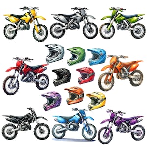 May include: A set of ten colourful motocross helmets and nine dirt bikes. The helmets are in various colours, including red, blue, green, orange, purple, and black. The bikes are all black with different coloured accents, including red, green, blue, and yellow.