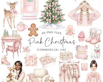 Puede incluir: Colección de ilustraciones en acuarela con temática navideña rosa. Incluye un árbol de Navidad, adornos, regalos, un ciervo, un hombre de jengibre y el texto "Pink Christmas". Uso comercial.