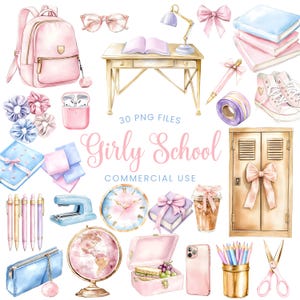 Clipart de escola preparatória - Aquarela - Estética feminina - Laços - Rosa - Dourado - PNG fofo de escola - Clipart de professor - Licença comercial