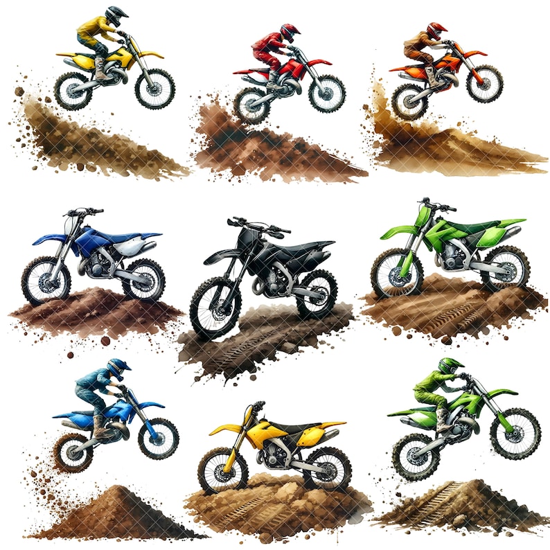May include: Nine different motocross riders in action, each riding a dirt bike on a dirt track. The riders are wearing helmets and racing gear. The bikes are all different colours, including red, blue, green, yellow, and black.