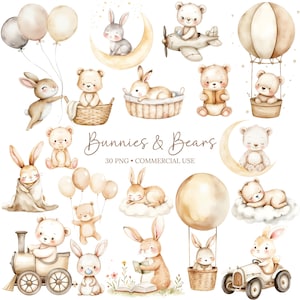 Könnte beinhalten: Ein Set mit 30 Aquarell-Illustrationen mit niedlichen Hasen und Bären in verschiedenen Posen. Die Illustrationen sind perfekt zum Erstellen von Einladungen, Karten und anderen Bastelprojekten. Das Set enthält Hasen, die Bücher halten, in Körben schlafen, Auto fahren und vieles mehr. Die Bären sind ebenfalls in verschiedenen Posen, darunter Fliegen in einem Flugzeug, Fahren in einem Heißluftballon und Schlafen in einem Korb.