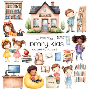 Clipart Infantil de Biblioteca - Aquarela - Livro PNG - Clipart de Leitura - Clipart Escolar - Pacote de Cliparts Infantis Fofos - Licença Comercial