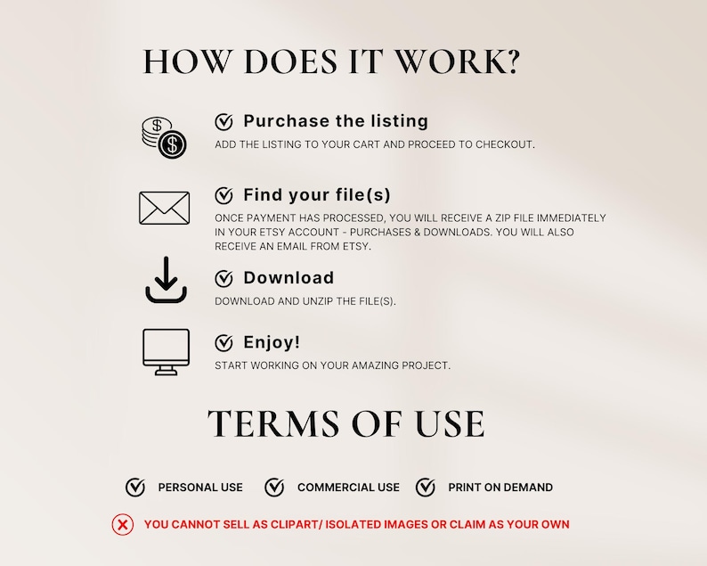 May include: A graphic with instructions on how to purchase and download digital files. The graphic also includes terms of use for personal, commercial, and print-on-demand use. The text states that you cannot sell the files as clipart or claim them as your own.