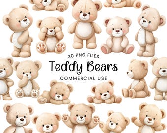 Teddy Bear Clipart - Watercolor Nursery Art - Baby Bear Png - Commercial Use