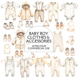 Baby Boy Clothes Clipart - Watercolor - Nursery Art - Baby Shower Clipart - Baby Onesie - Baby Shoes - Pajamas - Bows - Commercial License