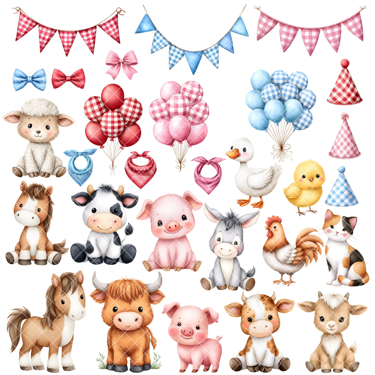 Farm Animal Clipart - Watercolor - Cute Farm Png - Cow - Pig - Horse ...