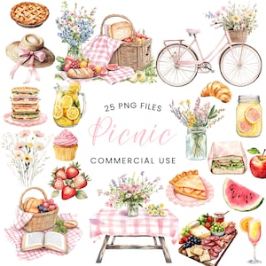 Op de afbeelding: Waterverfillustratie van picknickartikelen, waaronder een roze fiets met een mand, een picknickmand, een taart, sandwiches en een tafel met een geruit tafelkleed. De tekst "Picnic" en "Commercial Use" is inbegrepen.