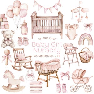 Clipart baby meisje kwekerij - aquarel - babyshower png - roze wieg - kinderwagen - babykleding - teddybeer - blush roze - commercieel gebruik