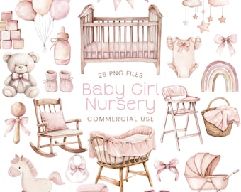 Baby Girl Nursery Clipart - Watercolor - Baby Shower Png - Pink Crib - Stroller - Baby Clothes - Teddy Bear - Blush Pink - Commercial Use