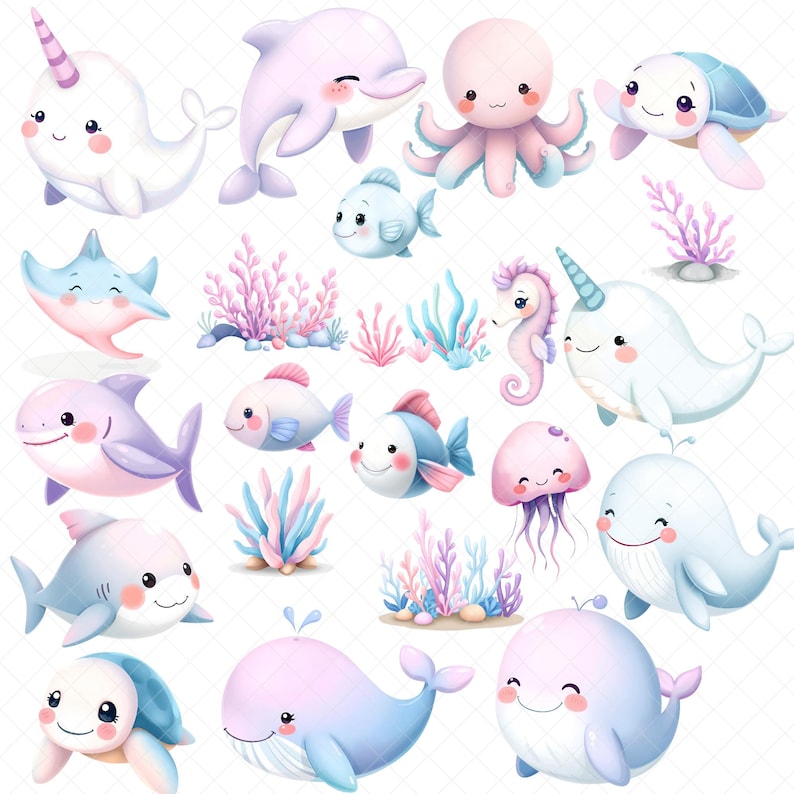 Op de afbeelding: Een set van 16 digitale illustraties met schattige cartoon-zeedieren, waaronder een narwal, dolfijn, octopus, schildpad, rog, haai, vis, kwal, zeepaardje en walvis. De illustraties zijn in aquarelstijl en hebben pastelkleuren.