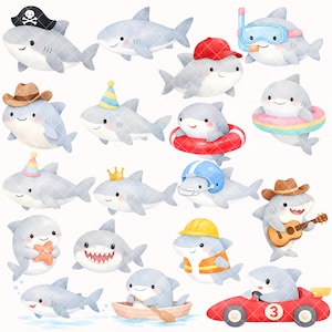 May include: A collection of cartoon shark illustrations in various poses and outfits. Sharks are depicted wearing a pirate hat, cowboy hat, party hat, and more. Some sharks are in a race car, boat, and wearing a life preserver.