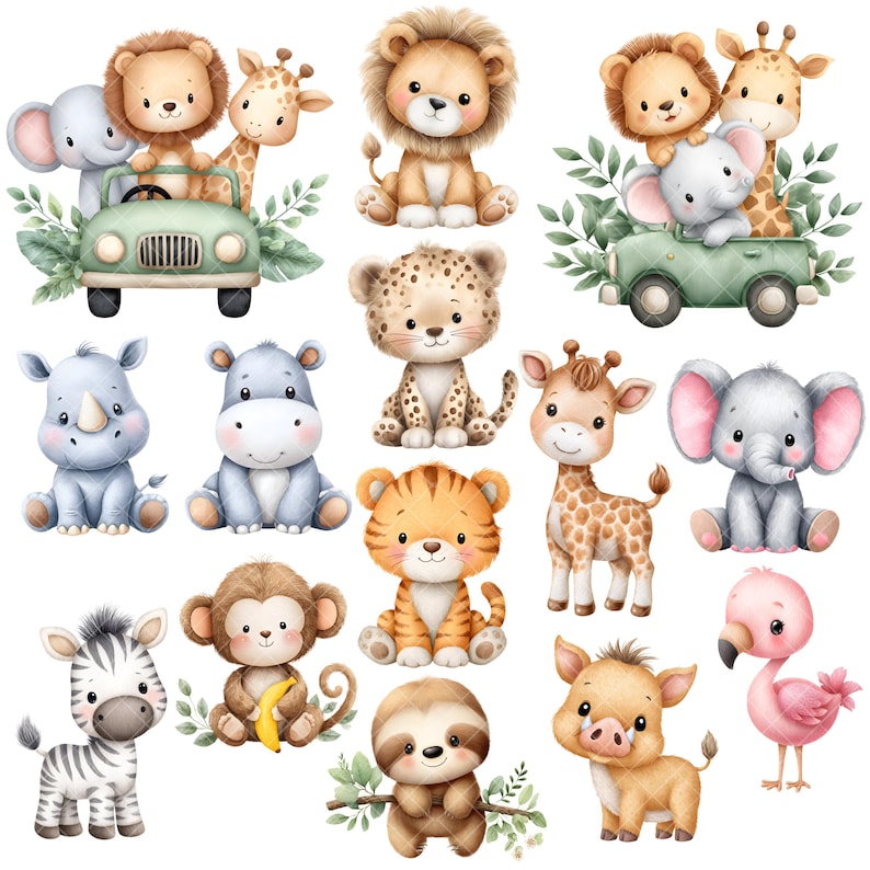 以下が含まれることがあります： ライオン、キリン、ゾウ、サイ、カバ、チーター、トラ、サル、シマウマ、ナマケモノ、イボイノシシ、フラミンゴなど、さまざまなサファリ動物の水彩イラストのコレクション。緑色の車に乗っている動物もいます。