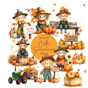 Lindo espantapájaros clipart - Acuarela - Otoño - Clipart de otoño - PNG - Licencia de uso comercial - Granja - Calabazas - Tractor - Girasoles