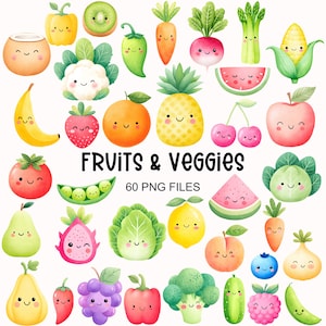 Puede incluir: Ilustración en acuarela de varias frutas y verduras con caras sonrientes. Incluye un plátano, una naranja, una piña, un tomate, una pera, uvas y más. También está presente el texto "FRUITS & VEGGIES" y "60 PNG FILES".