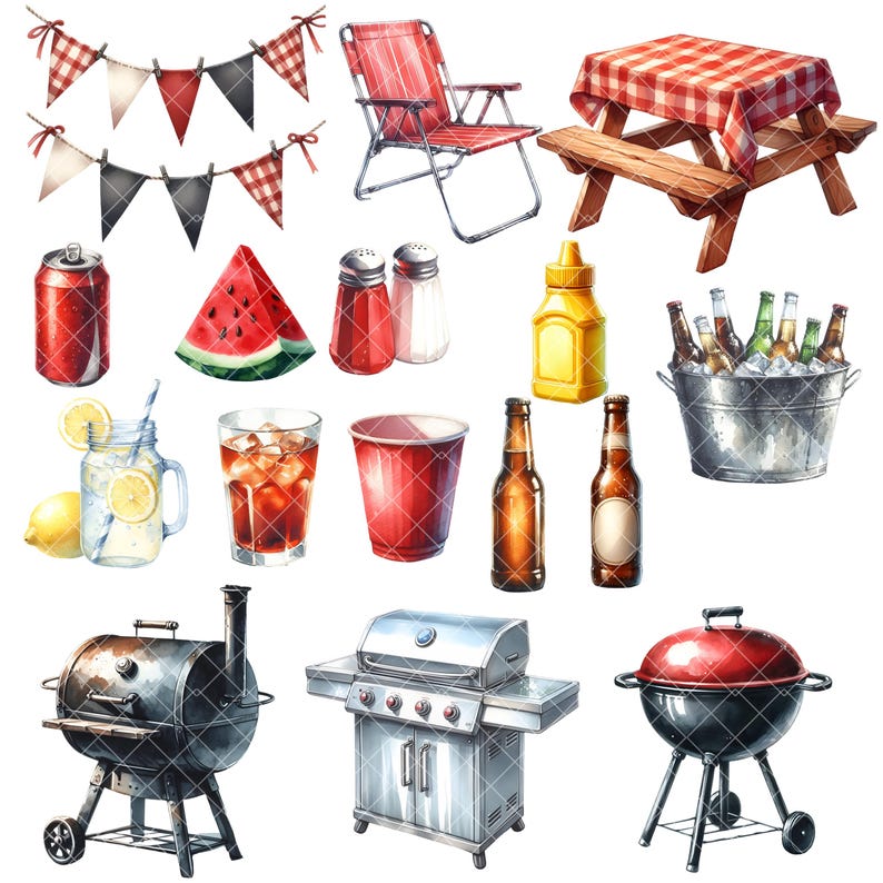 May include: Watercolor illustration of a picnic scene with a red and black theme. Includes a picnic table, grill, cooler with drinks, watermelon, and a red folding chair. Also features a banner, drinks, and condiments.