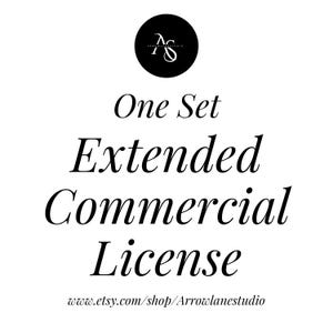 May include: A black circular logo with the white letters AS and the text ArrowLaneStudio at the top. Below the logo, the text reads One Set Extended Commercial License in a black serif font. The bottom includes the URL www.etsy.com/shop/Arrowlanestudio.