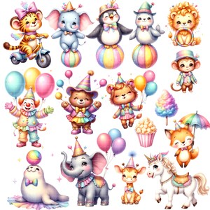 May include: A colourful illustration of a circus featuring various animals, including a lion, a penguin, a bear, an elephant, a giraffe, a unicorn, a monkey, a seal, a fox, and a clown. The animals are all wearing colourful costumes and hats. There are also balloons, popcorn, and a cotton candy stall.