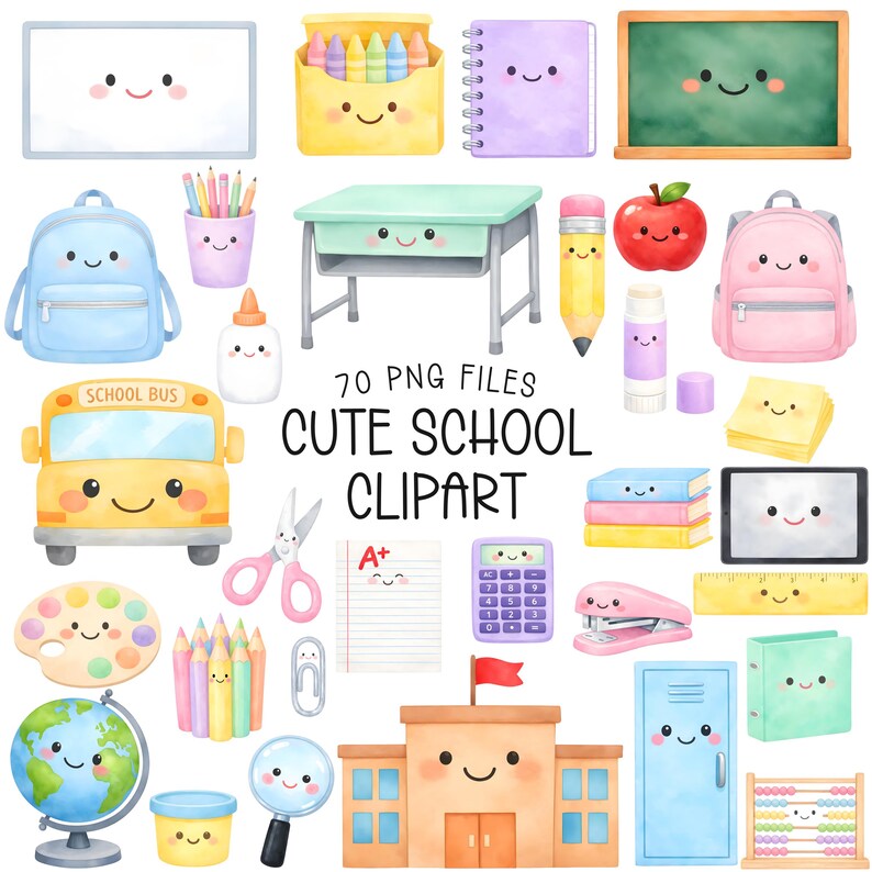 May include: A collection of 70 cute school clipart images. Includes a yellow school bus, a light blue backpack, a green desk, a red apple, a globe, a school building, and other school supplies. The text "CUTE SCHOOL CLIPART" is displayed.