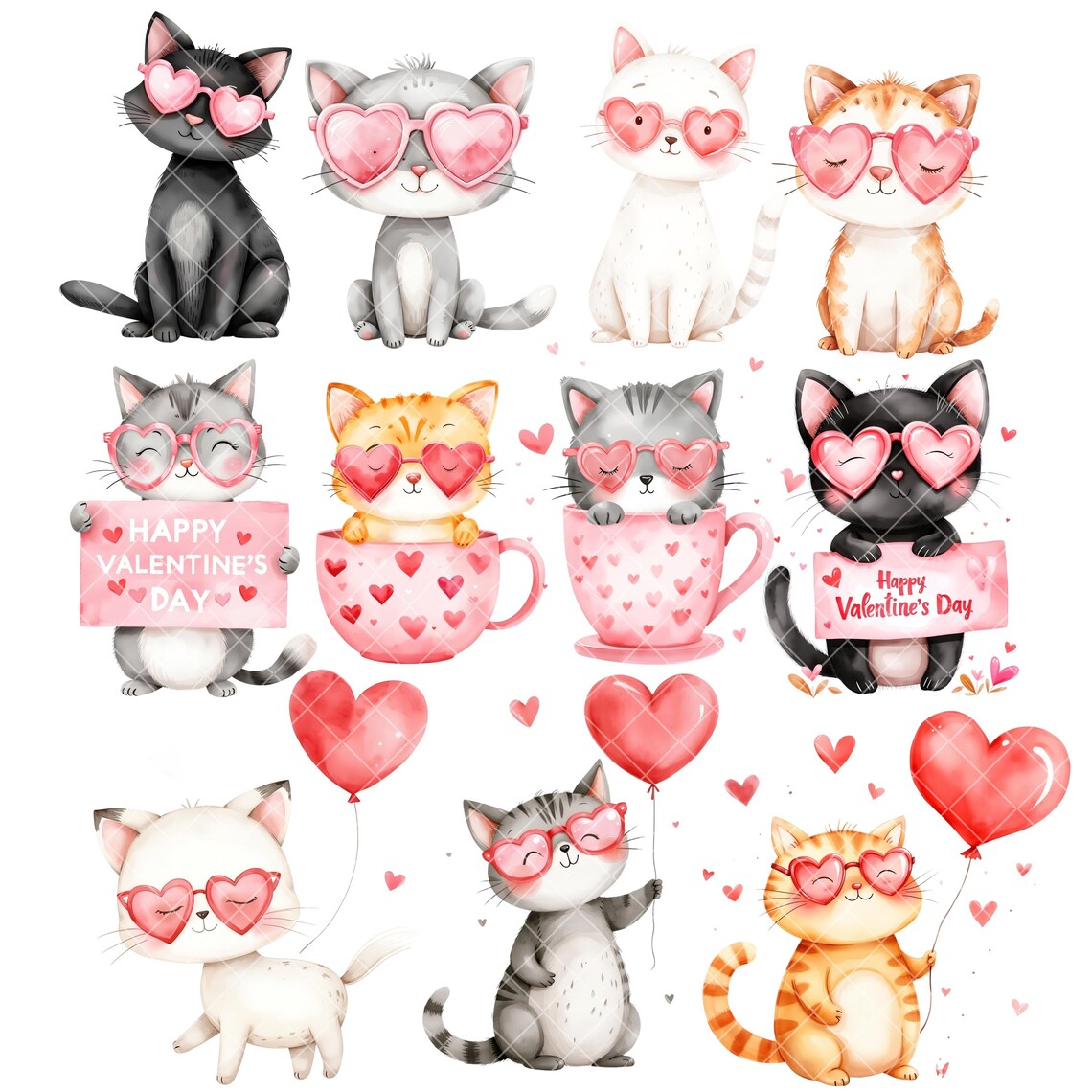 Cute Valentine Cat Clipart - Watercolor - Valentine Cats Clipart - Png ...