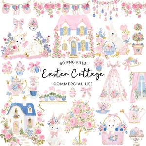 Op de afbeelding: Een verzameling aquarel illustraties met een Pasen thema. De afbeelding toont een roze huisje, konijntjes, bloemstukken en decoratieve elementen. De tekst "Easter Cottage" is te zien, met "60 PNG FILES" en "COMMERCIAL USE".