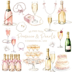 May include: A watercolour illustration of champagne bottles, glasses, pearls, and a cake. The image includes text that reads "Prosecco & Pearls" and "Commercial Use". The colour palette includes pink, gold, and white.