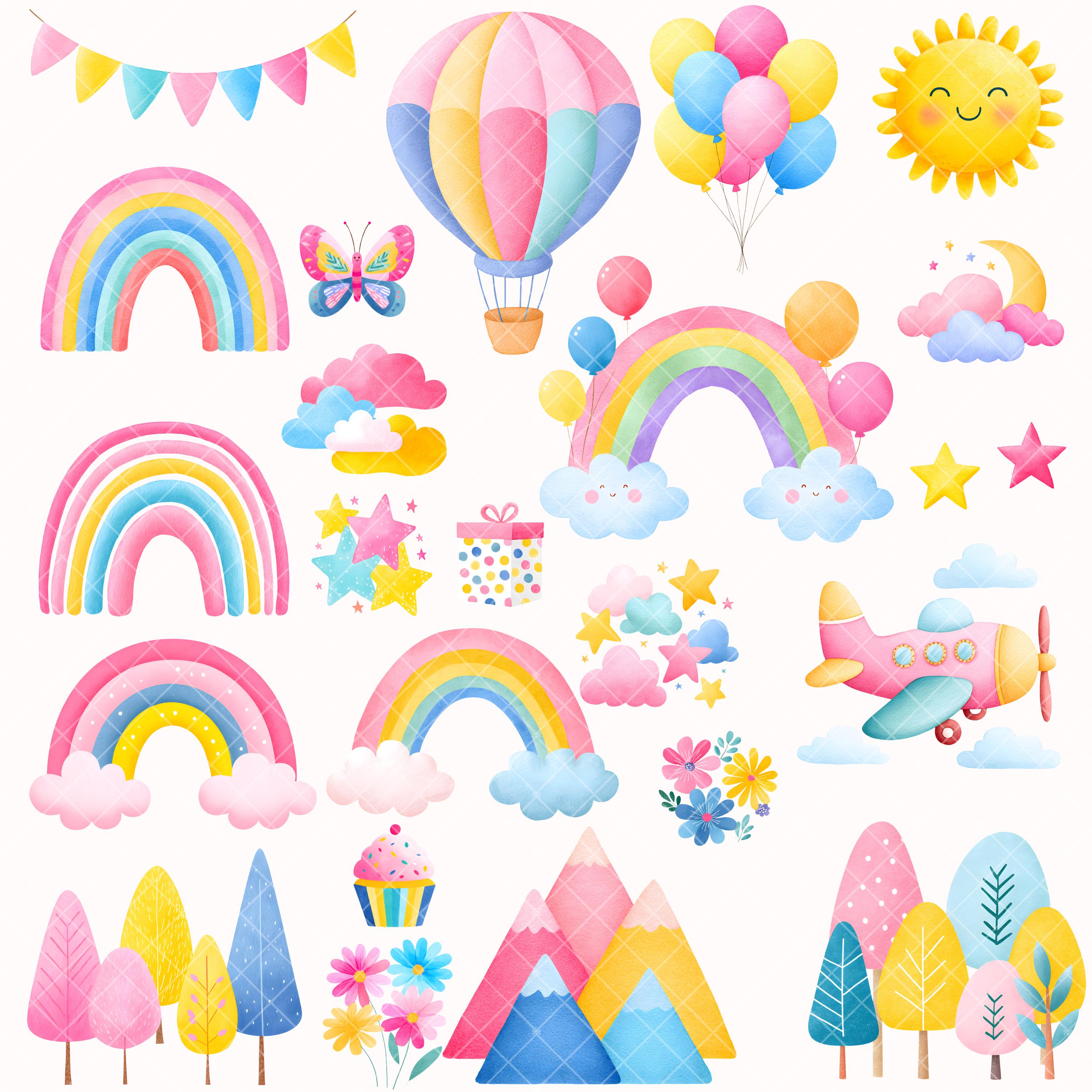 Cute Rainbow Clipart - Watercolor - Nursery Animals - Birthday Png ...