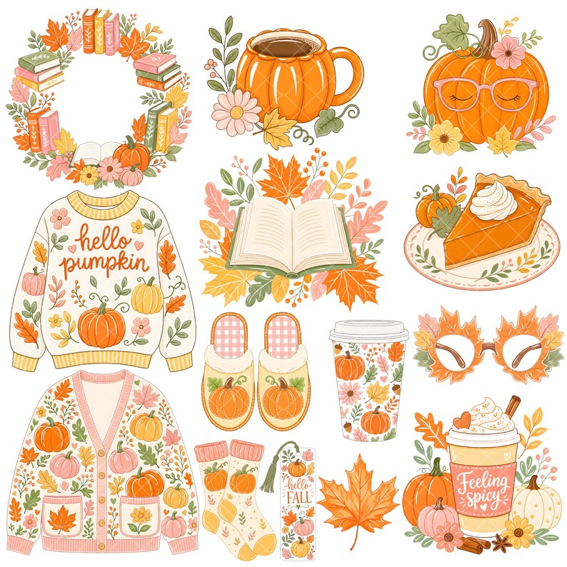 May include: A collection of autumn-themed illustrations featuring a book wreath, a pumpkin mug, a pumpkin with glasses, a sweater with the text hello pumpkin, an open book, a slice of pie, slippers, a cup, leaf glasses, socks, and a coffee cup.