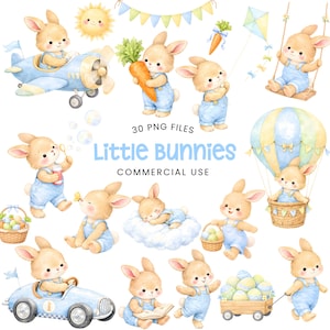 Puede incluir: Ilustraciones en acuarela de adorables conejitos con monos azules, con zanahorias, huevos y un globo aerostático. El texto dice "Little Bunnies" y "30 PNG FILES COMMERCIAL USE". Las imágenes están en una paleta de colores pastel.