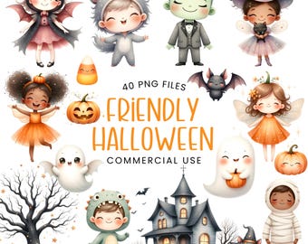 Könnte beinhalten: Eine digitale Illustration mit Halloween-Charakteren, darunter ein Vampir, ein Werwolf und Frankenstein. Das Bild zeigt auch Feen, einen Geist und ein Spukhaus. Der Text "FRIENDLY HALLOWEEN" ist orangefarben, mit "40 PNG FILES" und "COMMERCIAL USE".