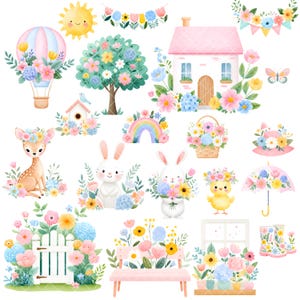 May include: A set of watercolour illustrations with spring and Easter themes. Includes a hot air balloon, a smiling sun, a house, a deer, bunnies, a chick, flowers, a rainbow, and a bench. The colour palette is soft with pastel pinks, blues, and yellows.