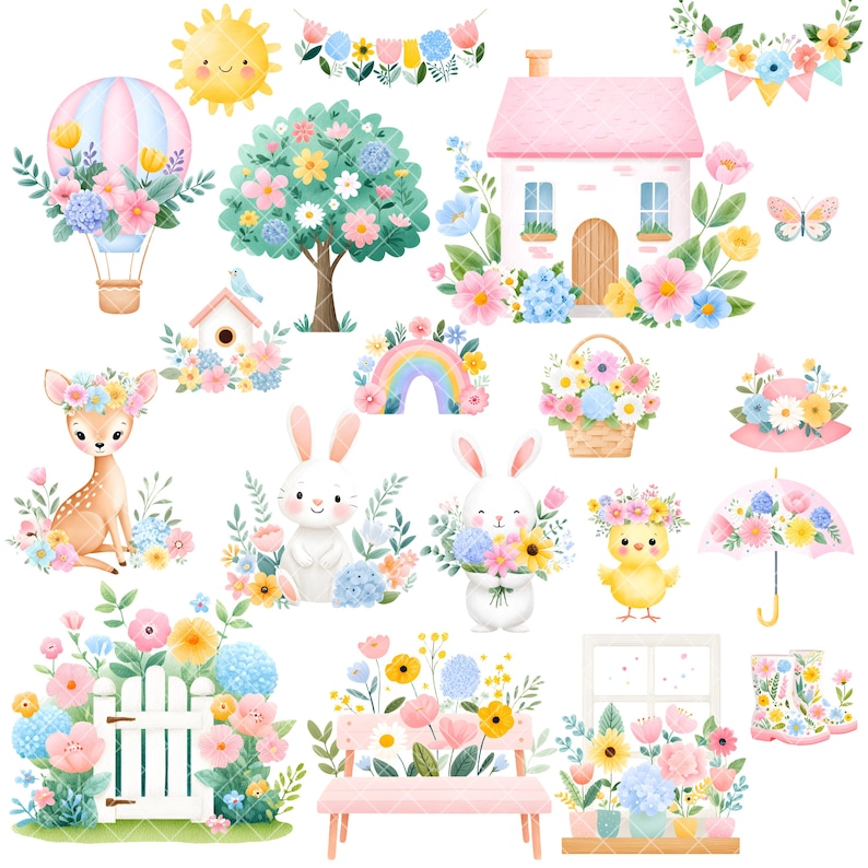 May include: A set of watercolour illustrations with spring and Easter themes. Includes a hot air balloon, a smiling sun, a house, a deer, bunnies, a chick, flowers, a rainbow, and a bench. The colour palette is soft with pastel pinks, blues, and yellows.