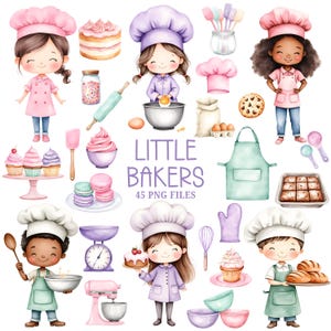 May include: A set of 45 watercolor illustrations featuring children dressed as bakers, baking supplies, and desserts. The illustrations are in a cartoon style and feature bright colors. The text "Little Bakers 45 PNG Files" is included in the image.