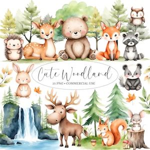 May include: A set of 25 watercolor illustrations featuring cute woodland animals, including a deer, bear, fox, raccoon, hedgehog, bunny, moose, squirrel, and mouse. The illustrations are perfect for creating invitations, cards, and other crafts.