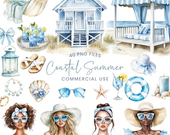Imágenes prediseñadas de verano costero - Acuarela - Playa PNG - Verano azul - Estilo preppy - Mujeres - Casa de playa - Moda - Concha marina - Uso comercial