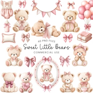 Op de afbeelding: Een verzameling aquarel illustraties met teddyberen, strikken en baby-items in roze en beige tinten. De tekst "Sweet Little Bears" en "Commercial Use" zijn ook inbegrepen.