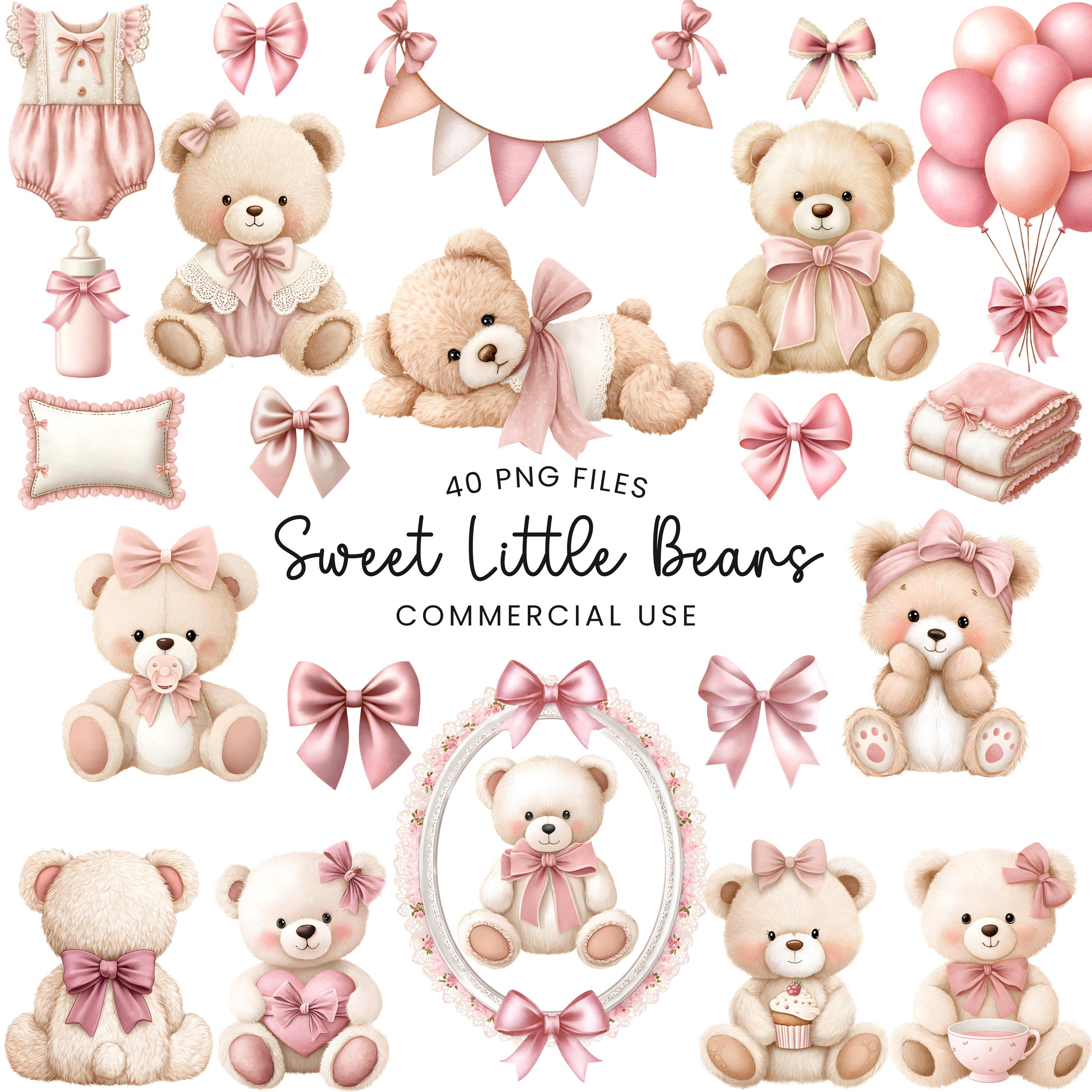 Pink Teddy Bear Clipart - Watercolor - Baby Shower Png - Bows ...