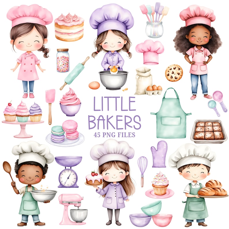 May include: A set of 45 watercolor illustrations featuring children dressed as bakers, baking supplies, and desserts. The illustrations are in a cartoon style and feature bright colors. The text "Little Bakers 45 PNG Files" is included in the image.