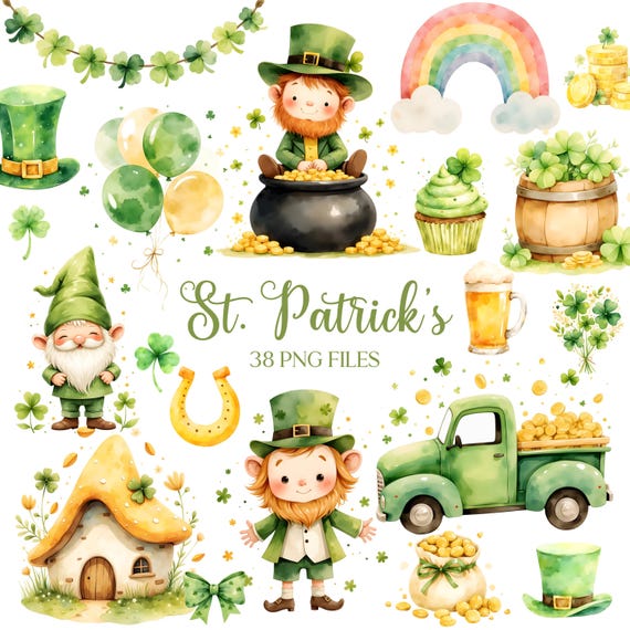 St. Patrick's Day Clipart - Watercolor - Cute Leprechaun - Saint Patrick's Png - Gnome - Shamrocks - Rainbow - Pot of gold - Commercial Use