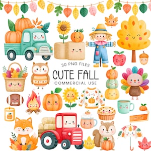 Cute Fall Clipart - Watercolor - Kawaii Clipart - Autumn Png - Commercial Use