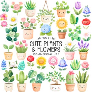 May include: A collection of 40 watercolor PNG files featuring cute plants and flowers. The illustrations include smiling potted plants, hanging plants, and various flowers like roses, sunflowers, and tulips. The text reads "CUTE PLANTS & FLOWERS COMMERCIAL USE."