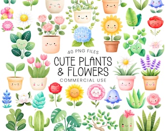 May include: A collection of 40 watercolor PNG files featuring cute plants and flowers. The illustrations include smiling potted plants, hanging plants, and various flowers like roses, sunflowers, and tulips. The text reads "CUTE PLANTS & FLOWERS COMMERCIAL USE."