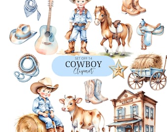 Clipart carino cowboy - Acquerello - Immagini PNG - Far West - Pacchetto clipart - Cavallo - Western - Stivali da cowboy - Rodeo - Clipart per bambini