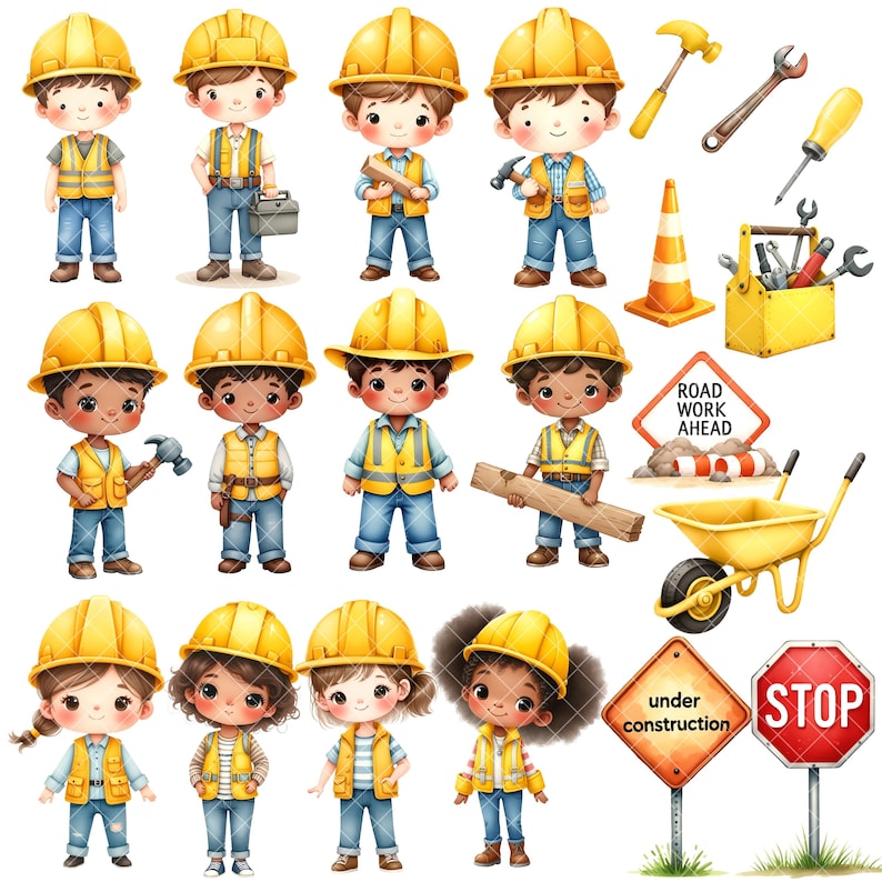Bygg Clipart - Akvarell - Byggfödelsedag Png - Byggfordon - Söta Barn Clipart - Dumper - Kommersiellt bruk bild 6