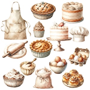 Puede incluir: Una colecci&oacute;n de utensilios de reposter&iacute;a y postres, que incluyen un delantal marr&oacute;n, un rodillo, un taz&oacute;n de harina, una bolsa de harina, un taz&oacute;n de az&uacute;car, una tarta, un pastel, magdalenas, rollos de canela y huevos.