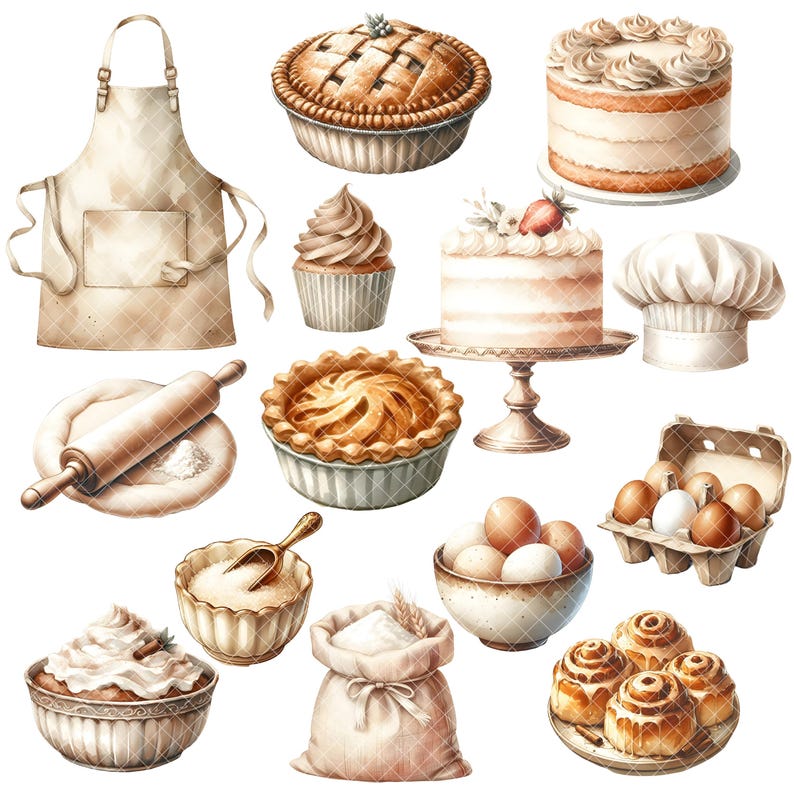 Puede incluir: Una colecci&oacute;n de utensilios de reposter&iacute;a y postres, que incluyen un delantal marr&oacute;n, un rodillo, un taz&oacute;n de harina, una bolsa de harina, un taz&oacute;n de az&uacute;car, una tarta, un pastel, magdalenas, rollos de canela y huevos.