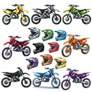 May include: A set of ten colourful motocross helmets and nine dirt bikes. The helmets are in various colours, including red, blue, green, orange, purple, and black. The bikes are all black with different coloured accents, including red, green, blue, and yellow.