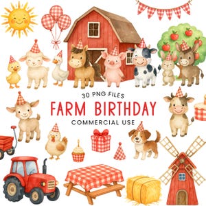 Farm Birthday Clipart - Watercolor - Cute Farm Animals - Png - Kids Party Clipart - Cow - Pig - Horse - Barn - Tractor - Commercial Use