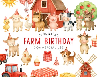 May include: Watercolor illustrations of farm animals, a red barn, and a tractor. The image includes the text "Farm Birthday" and "30 PNG Files Commercial Use". The animals are wearing party hats.