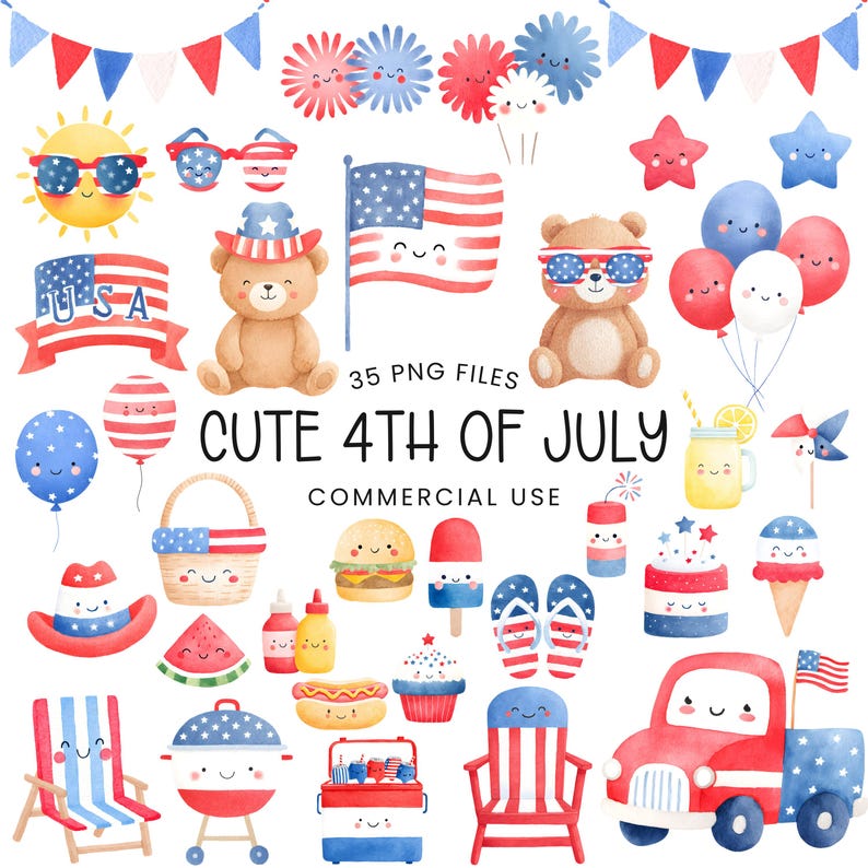 Cute 4th of July Clipart - Watercolor - Kawaii Png - Independence Day ...